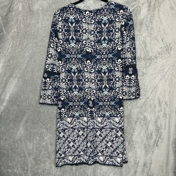 Vince Camuto 8 Shift Dress Navy Blue Paisley Round Neck Bell 3/4 Sleeve Zip Back - Picture 2 of 7